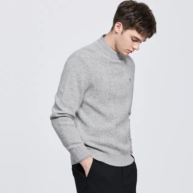 与狼共舞 日系风城市经典休闲百搭保暖纯羊毛衫纯色简约提花肌理柔软亲肤套头圆领针织毛衣 男款