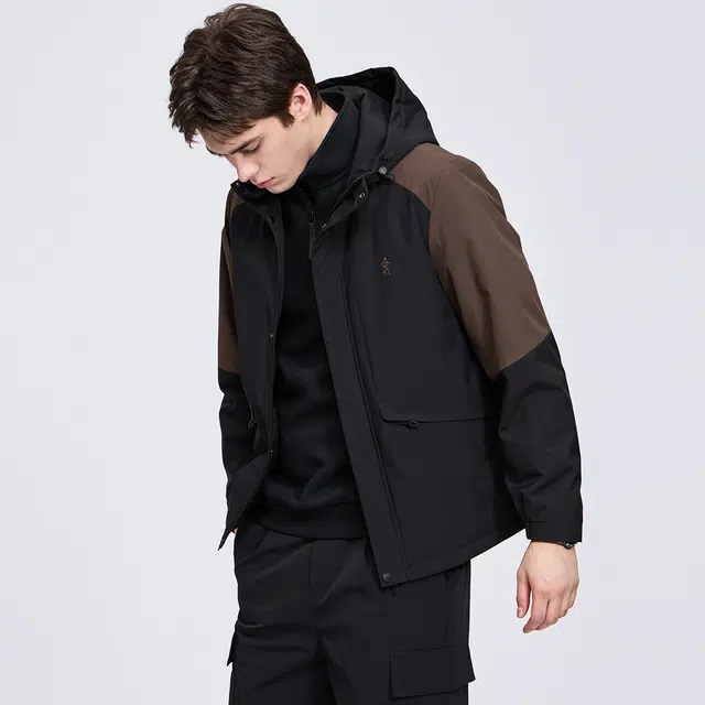 与狼共舞 潮流休闲风撞色设计时尚通勤风加厚保暖防风外套户外出行挺括有型工装夹棉连帽夹克 男款