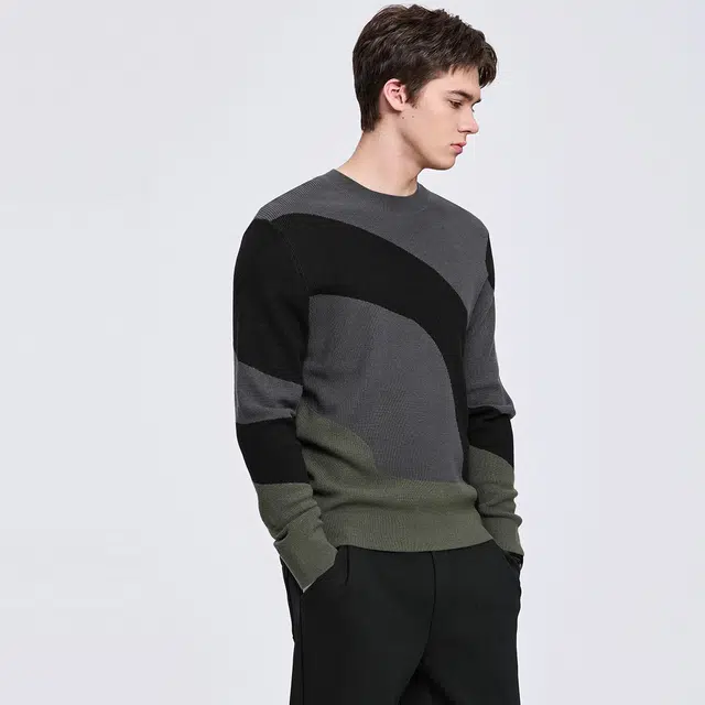 与狼共舞 休闲潮流百搭撞色拼接时尚设计绵羊毛保暖亲肤柔软舒适高街青年款圆领羊毛衣 男款