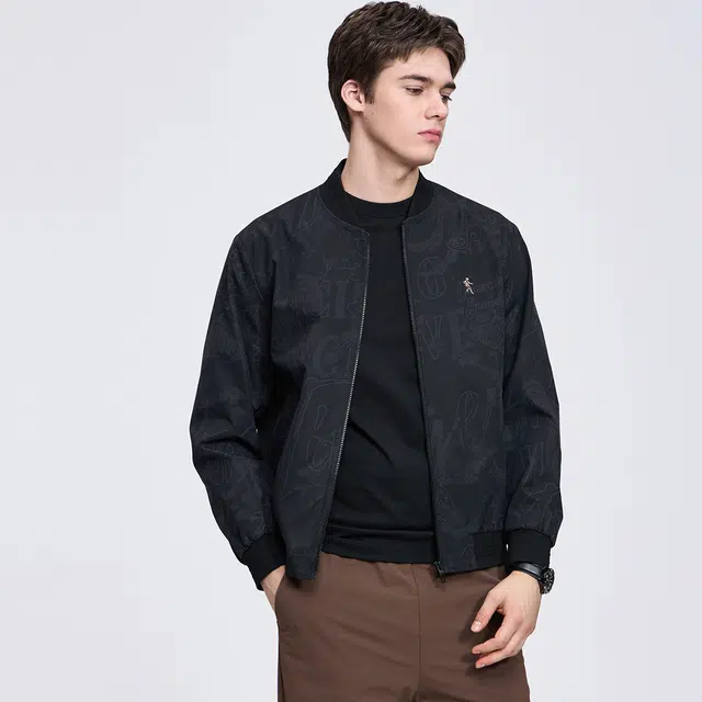 与狼共舞 潮流高街风暗纹印花时尚休闲百搭精致刺绣抗皱防风棒球领夹克外套 男款