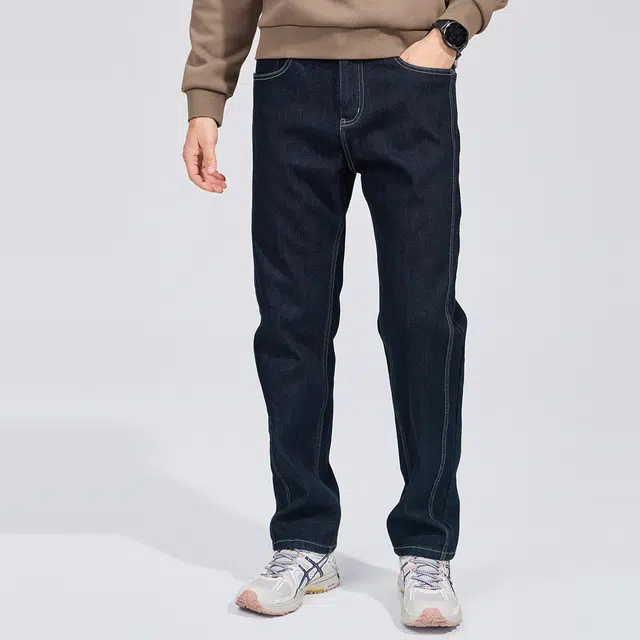 与狼共舞 潮流明线设计休闲青年款加绒保暖亲肤抗静电通勤百搭简约纯色直筒弹力牛仔裤 男款