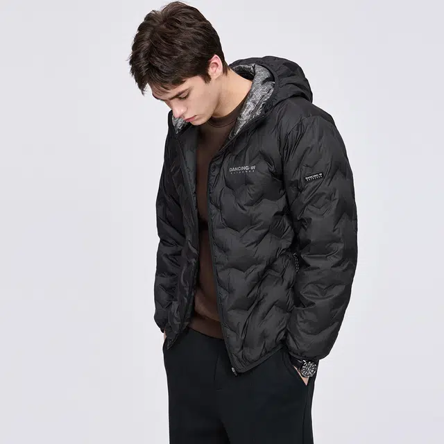 与狼共舞 日常休闲轻暖舒适便携通勤百搭款简约纯色帅气青年款轻薄保暖黑金石墨烯锁温防风亲肤连帽羽绒服 男款