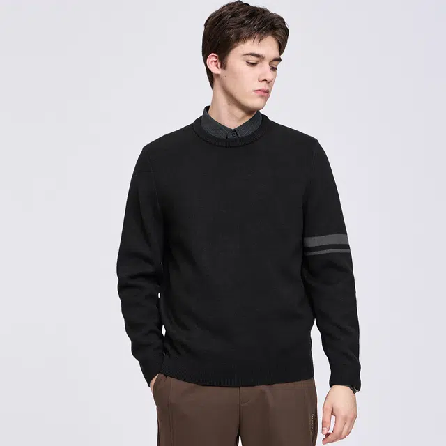 与狼共舞 经典百搭款日系潮流袖臂印花设计时尚通勤抗菌保暖羊毛衫休闲假两件翻领毛衣 男款