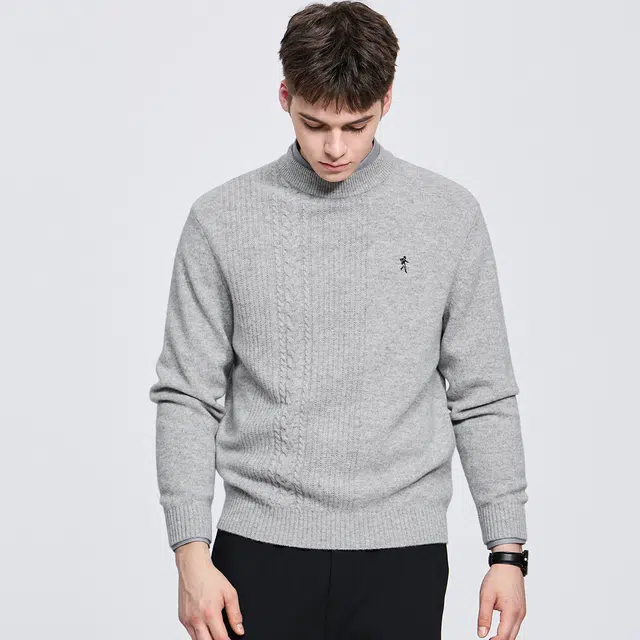 与狼共舞 日系风城市经典休闲百搭保暖纯羊毛衫纯色简约提花肌理柔软亲肤套头圆领针织毛衣 男款