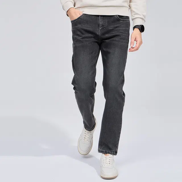 与狼共舞 威化高弹力经典通勤百搭款休闲时尚潮流猫须工艺帅气青年穿搭舒适亲肤直筒牛仔裤 男款