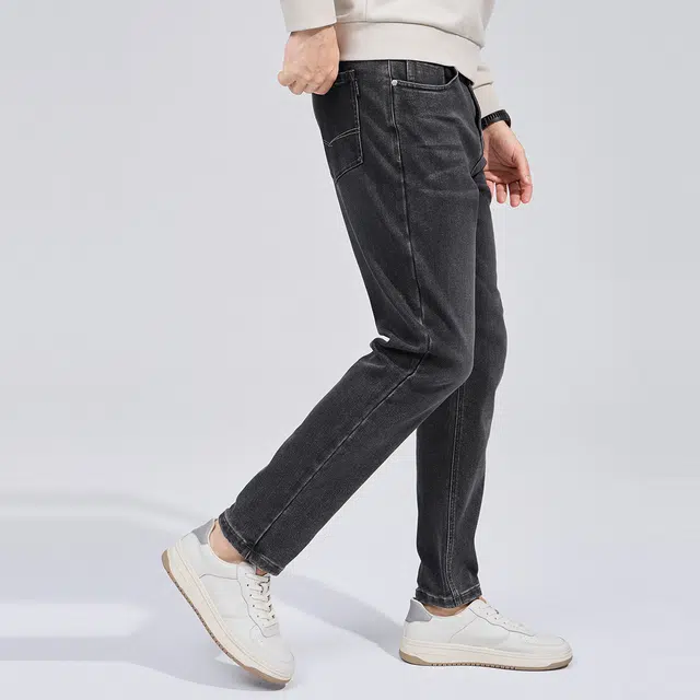 与狼共舞 威化高弹力经典通勤百搭款休闲时尚潮流猫须工艺帅气青年穿搭舒适亲肤直筒牛仔裤 男款