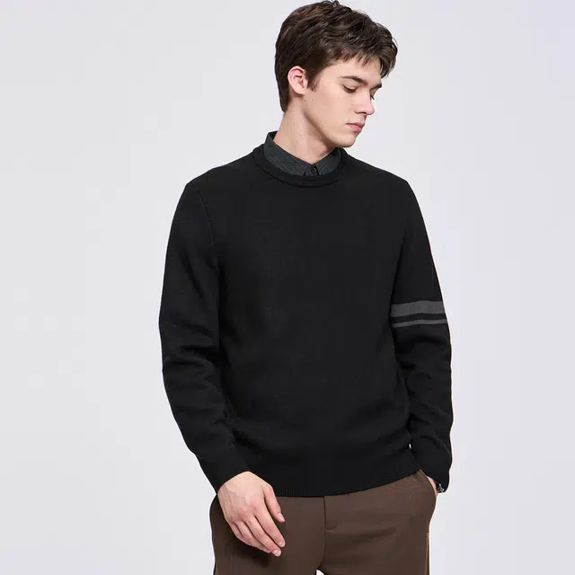 与狼共舞 经典百搭款日系潮流袖臂印花设计时尚通勤抗菌保暖羊毛衫休闲假两件翻领毛衣 男款