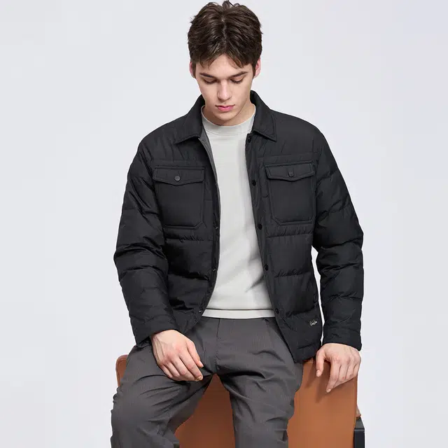与狼共舞 行政通勤轻商务休闲百搭工装外套轻暖便携自在加厚保暖鹅绒内胆简约纯色翻领羽绒服 男款