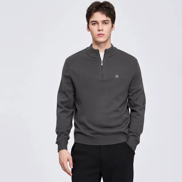 与狼共舞 轻商务时尚简约纯色休闲通勤日常百搭舒适柔软保暖亲肤半拉链圆领羊毛衣 男款