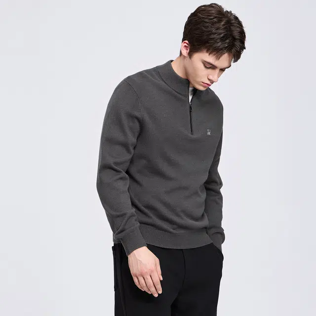 与狼共舞 轻商务时尚简约纯色休闲通勤日常百搭舒适柔软保暖亲肤半拉链圆领羊毛衣 男款