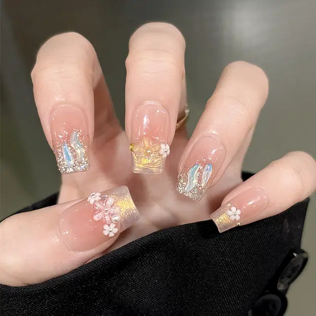 计轩 纯手工穿戴甲高级感碎钻仙女美甲精致美甲贴片  短梯粉色晕染 亮片