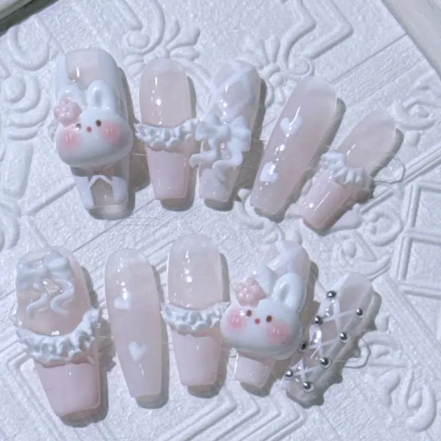 计轩 甜妹粉嫩少女心裙摆兔妹  穿戴甲 长款粉晕染 可爱