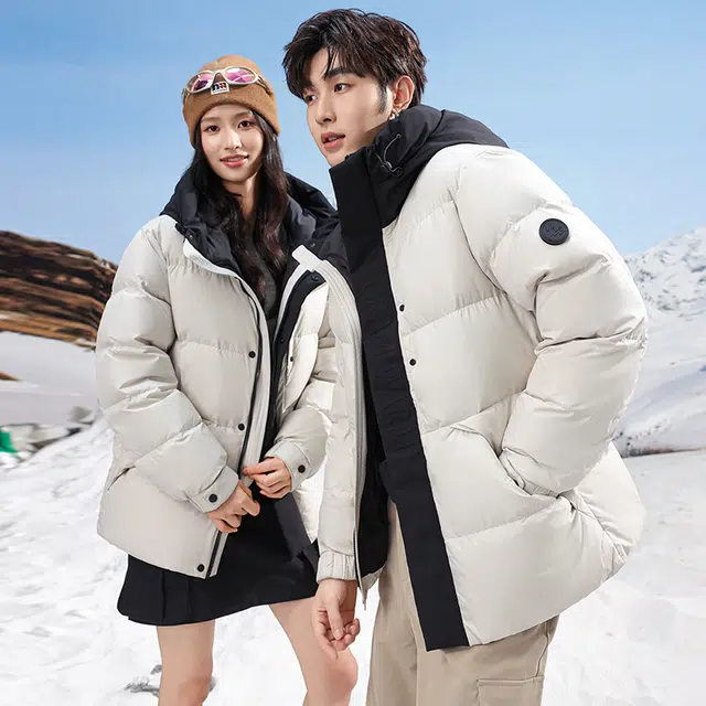 雅鹿 拼色连帽情侣款面包防寒防风防水保暖时尚气质外套羽绒服 男女同款