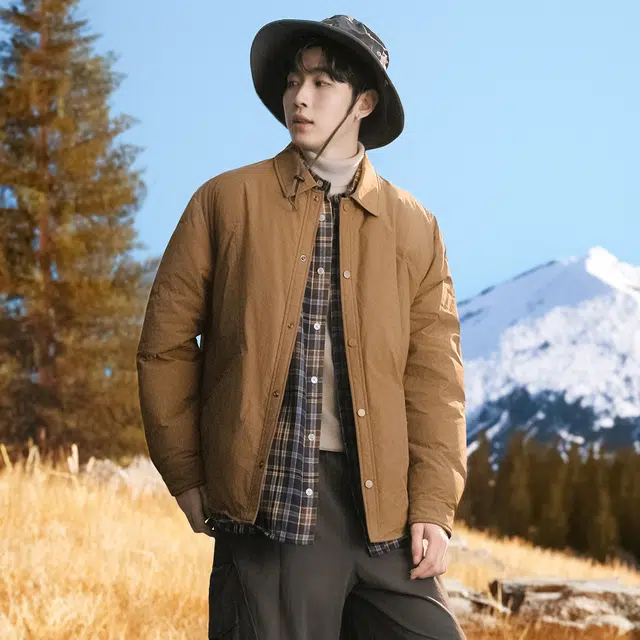 雅鹿 纯色休闲翻领抗皱易打理户外防风防寒保暖必备外套羽绒服 男款