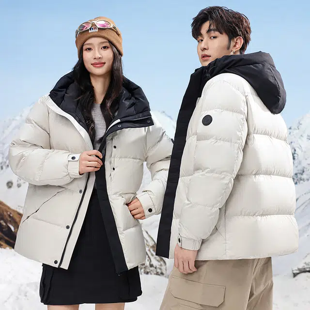 雅鹿 拼色连帽情侣款面包防寒防风防水保暖时尚气质外套羽绒服 男女同款