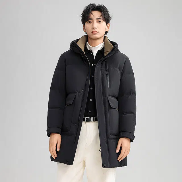 雅鹿 中长款男士连帽商务休闲羽绒服 男款 黑色