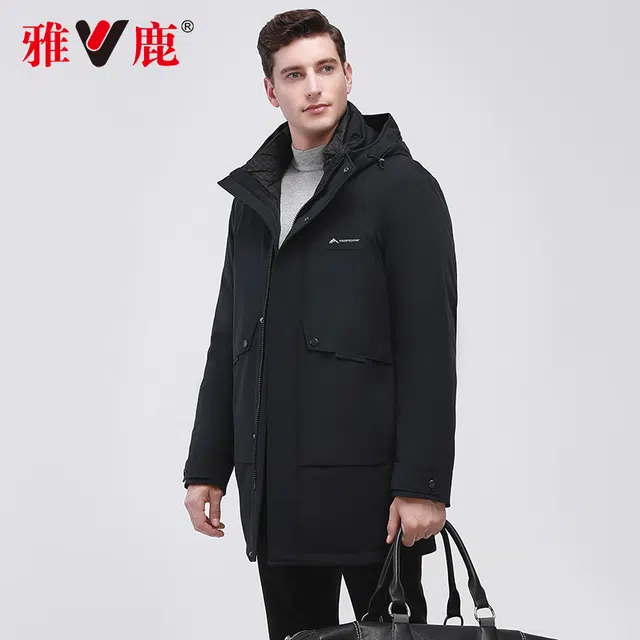 雅鹿 纯色连帽商务绅士羽绒服 男 藏青色