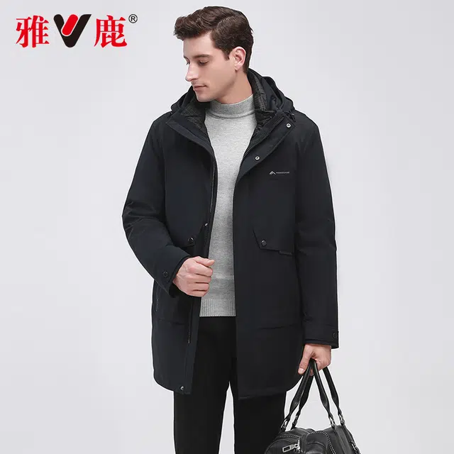 雅鹿 纯色连帽商务绅士羽绒服 男 藏青色