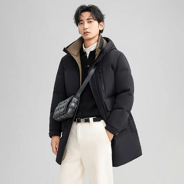 雅鹿 中长款男士连帽商务休闲羽绒服 男款 黑色