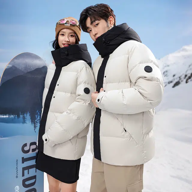 雅鹿 拼色连帽情侣款面包防寒防风防水保暖时尚气质外套羽绒服 男女同款