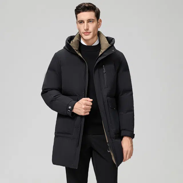 雅鹿 中长款连帽石墨烯保暖商务休闲装外套羽绒服 男款 黑色