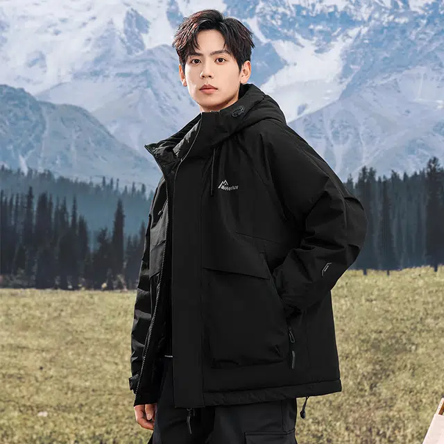 雅鹿 纯色时尚连帽拉链男款加厚款中长款羽绒服 男款