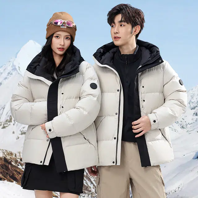 雅鹿 拼色连帽情侣款面包防寒防风防水保暖时尚气质外套羽绒服 男女同款