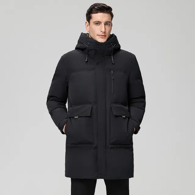 雅鹿 中长款连帽石墨烯保暖商务休闲装外套羽绒服 男款 黑色
