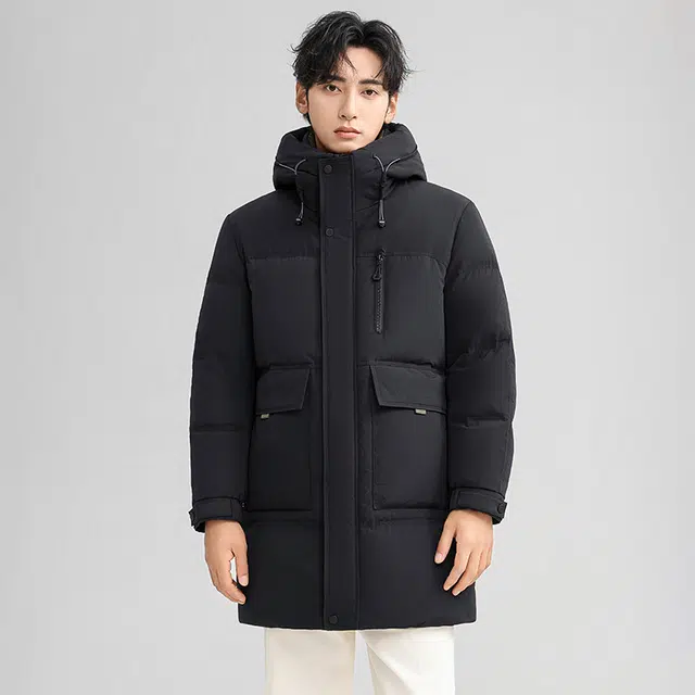 雅鹿 中长款男士连帽商务休闲羽绒服 男款 黑色