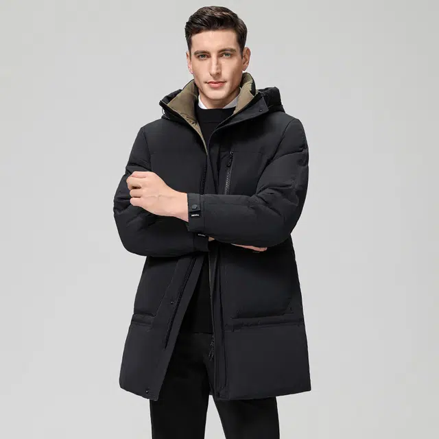 雅鹿 中长款连帽石墨烯保暖商务休闲装外套羽绒服 男款 黑色