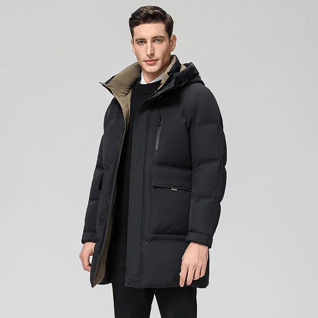 雅鹿 中长款连帽石墨烯保暖商务休闲装外套羽绒服 男款 黑色