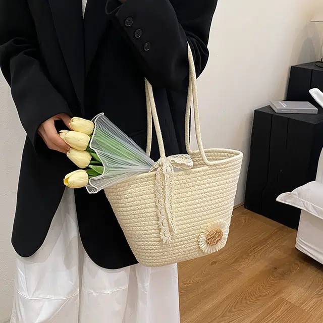 雅鹿 海边度假 编织 托特包单肩包 女款 白色/棕色