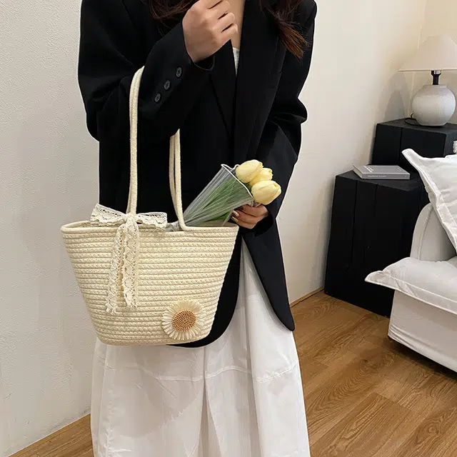 雅鹿 海边度假 编织 托特包单肩包 女款 白色/棕色