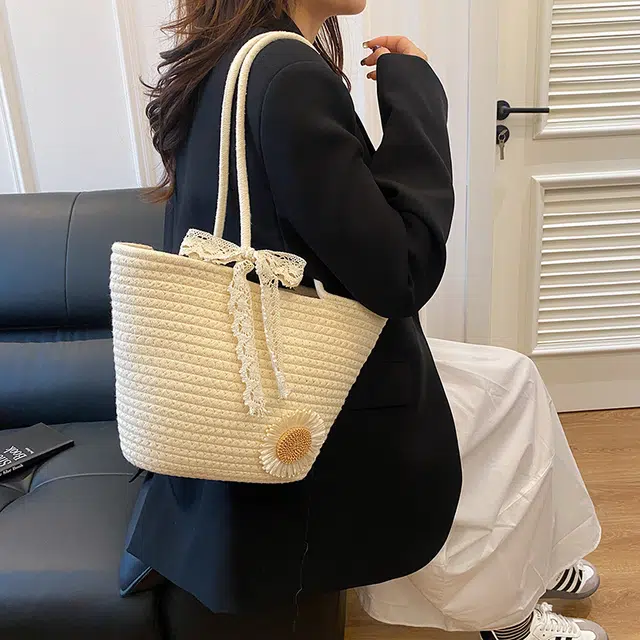雅鹿 海边度假 编织 托特包单肩包 女款 白色/棕色
