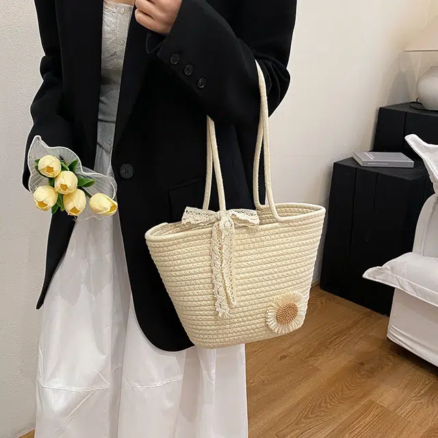 雅鹿 海边度假 编织 托特包单肩包 女款 白色/棕色