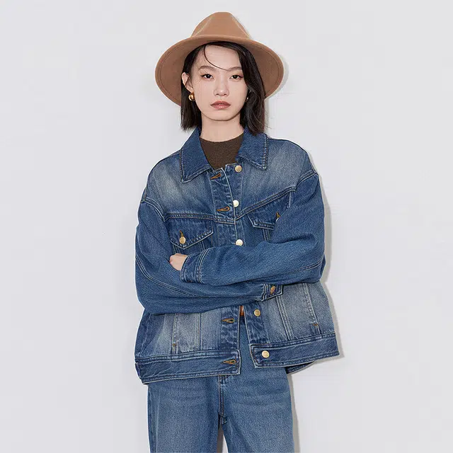 初语 复古磨白翻领单排扣怀旧时尚牛仔外套 女款