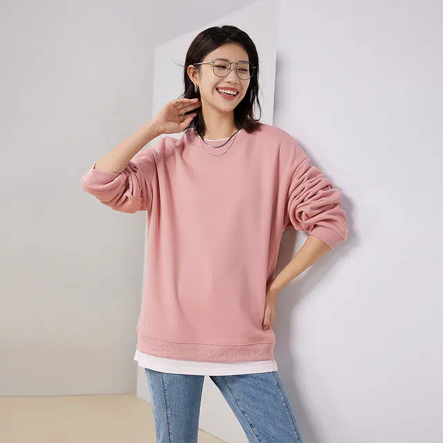 初语 休闲宽松纯色圆领假两件拼接街头卫衣 女款