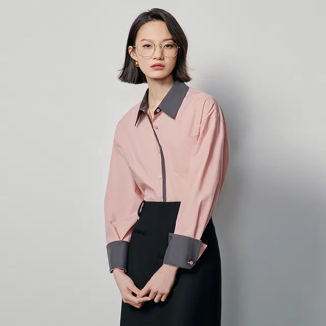 初语 率性通勤风撞色拼接不易皱休闲长袖衬衫 女款