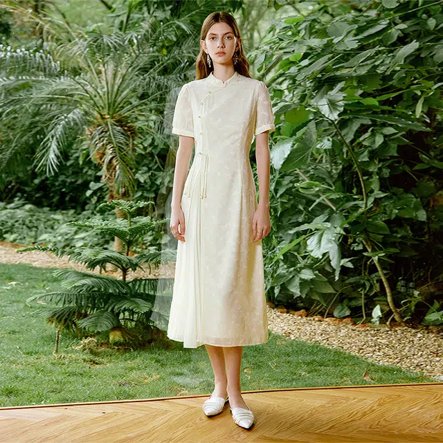 初语 优雅改良国风新中式拼接短袖连衣裙 女款 米黄色