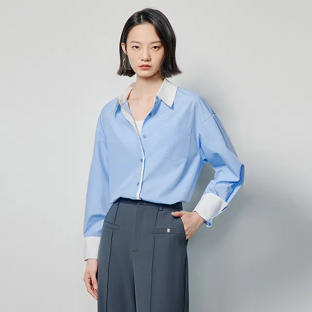 初语 率性通勤风撞色拼接不易皱休闲长袖衬衫 女款