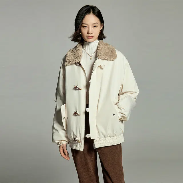 初语 毛绒拼接单排扣加厚翻领长袖夹克外套 女款