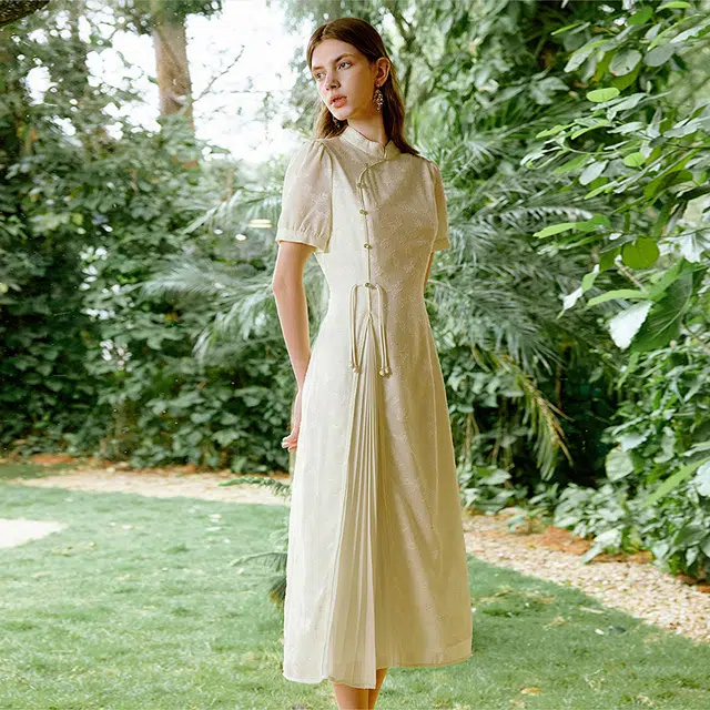 初语 优雅改良国风新中式拼接短袖连衣裙 女款 米黄色