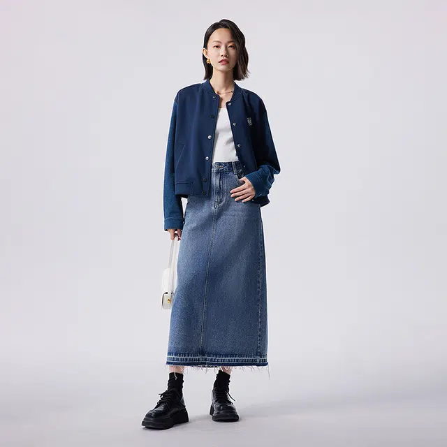 初语 短款立领拼接复古休闲外搭棒球服外套 女款 藏青色