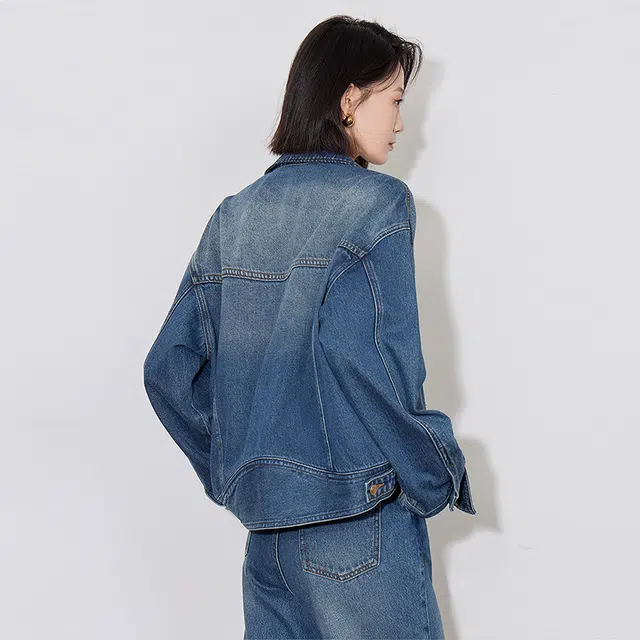 初语 复古磨白翻领单排扣怀旧时尚牛仔外套 女款