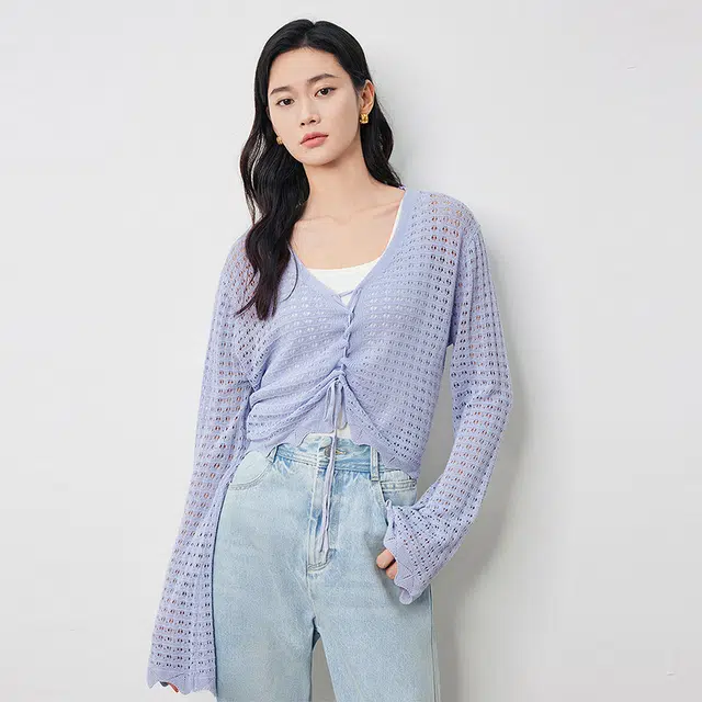 初语 度假薄款镂空纯色开衫针织衫 女款
