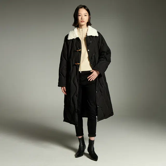 初语 毛绒领菱格纹复古长款过膝加厚外套羽绒服 女款