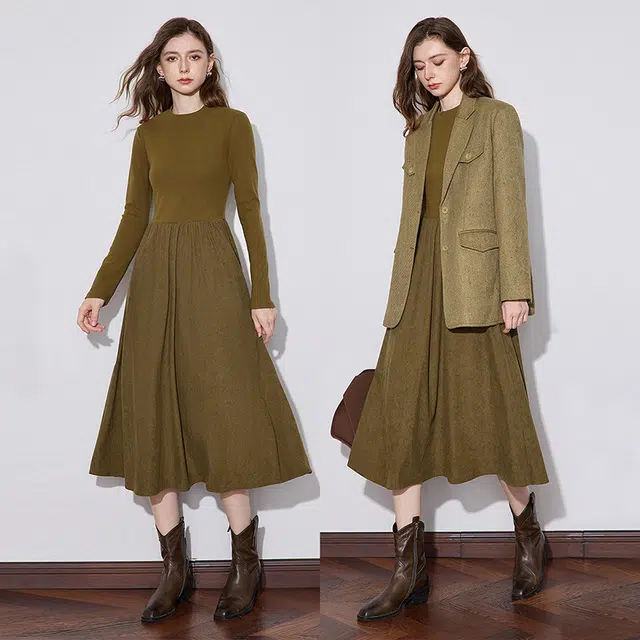 初语 气质黑色拼接连长袖连衣裙中长舒绒灯芯绒保暖长裙子 女款