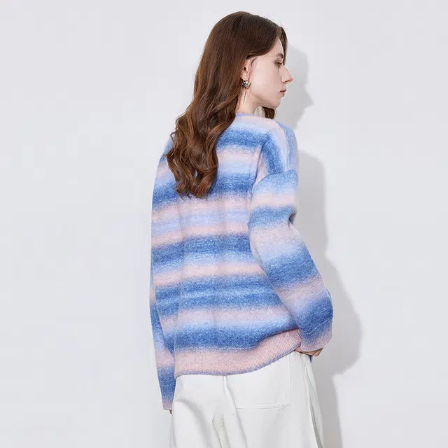 初语 条纹简约宽松长袖毛衣 女款 梦幻紫