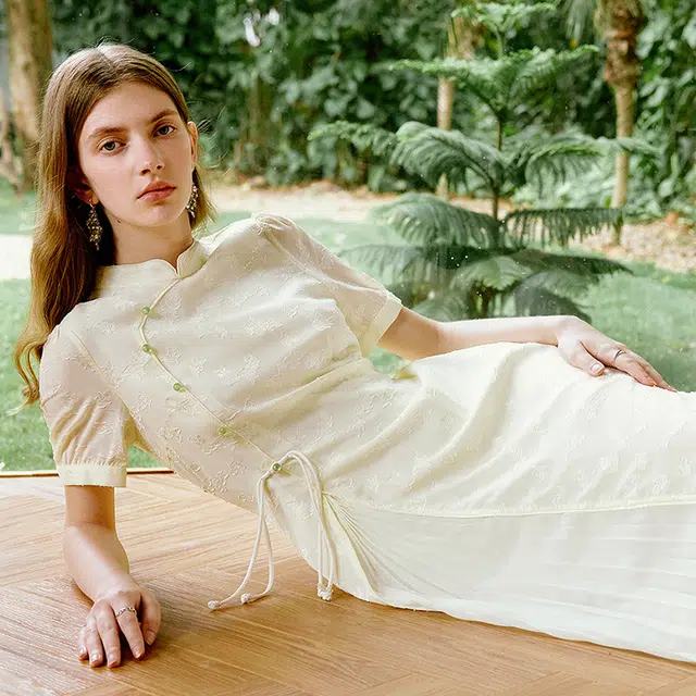 初语 优雅改良国风新中式拼接短袖连衣裙 女款 米黄色