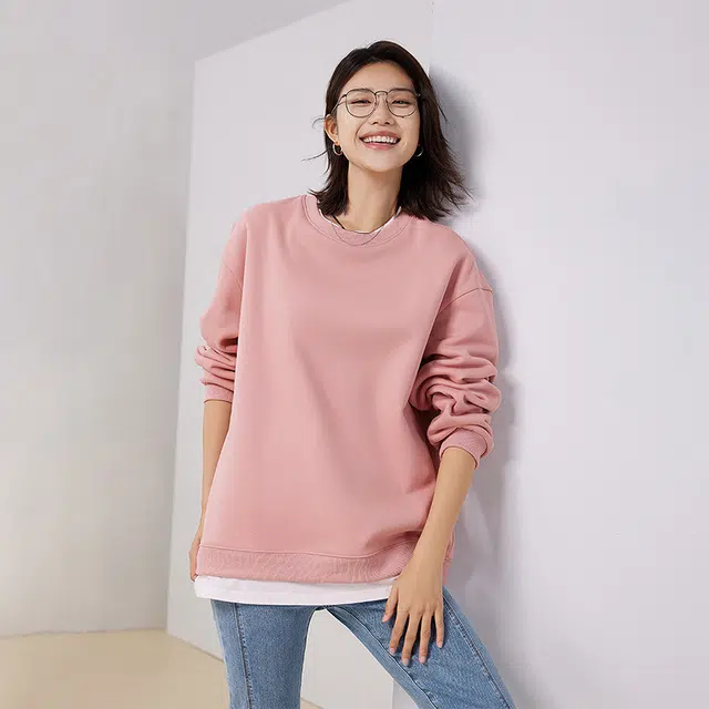 初语 休闲宽松纯色圆领假两件拼接街头卫衣 女款